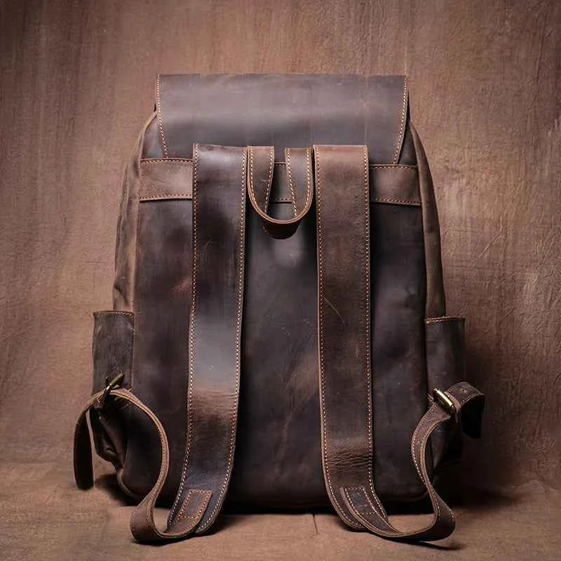 LUOKIR Genuine Leather Laptop Backpack 15 Inch – Vintage Crazy Horse Cowhide Business Travel Backpack for Men, Luxury School Computer Bag
