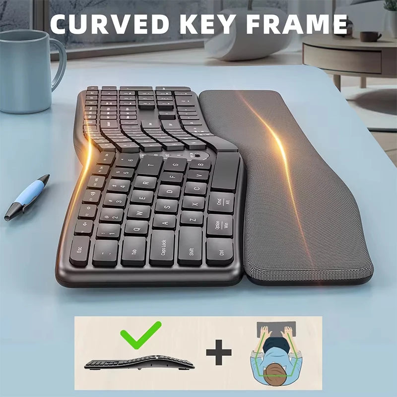Ergonomic Wireless Silent Split Keyboard Mouse Combo With Wrist Rest BT Dual Mode Wireless Rechargeable Keyboard For Win7/8/10
