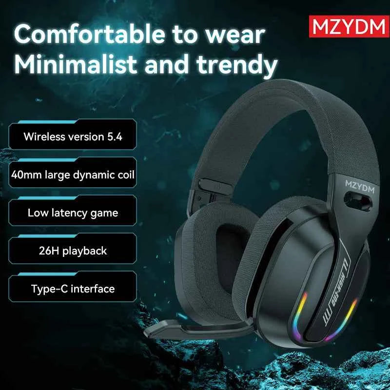 MZYDM Over Ear Headset Bluetooth5.4 Wireless Stereo Gaming B500 Earphones Built-in Mic RGB Light Low Latency Headphones For PC
