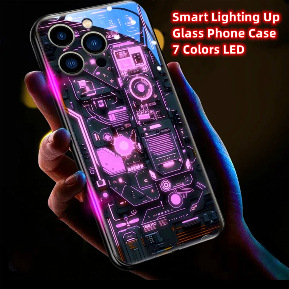 Luxury Blue Chip Pattern Luminous Glass LED Call Light Up Flash Phone Case Cover For iPhone Air 17 16 E 15 14 13 12 Pro Max Plus