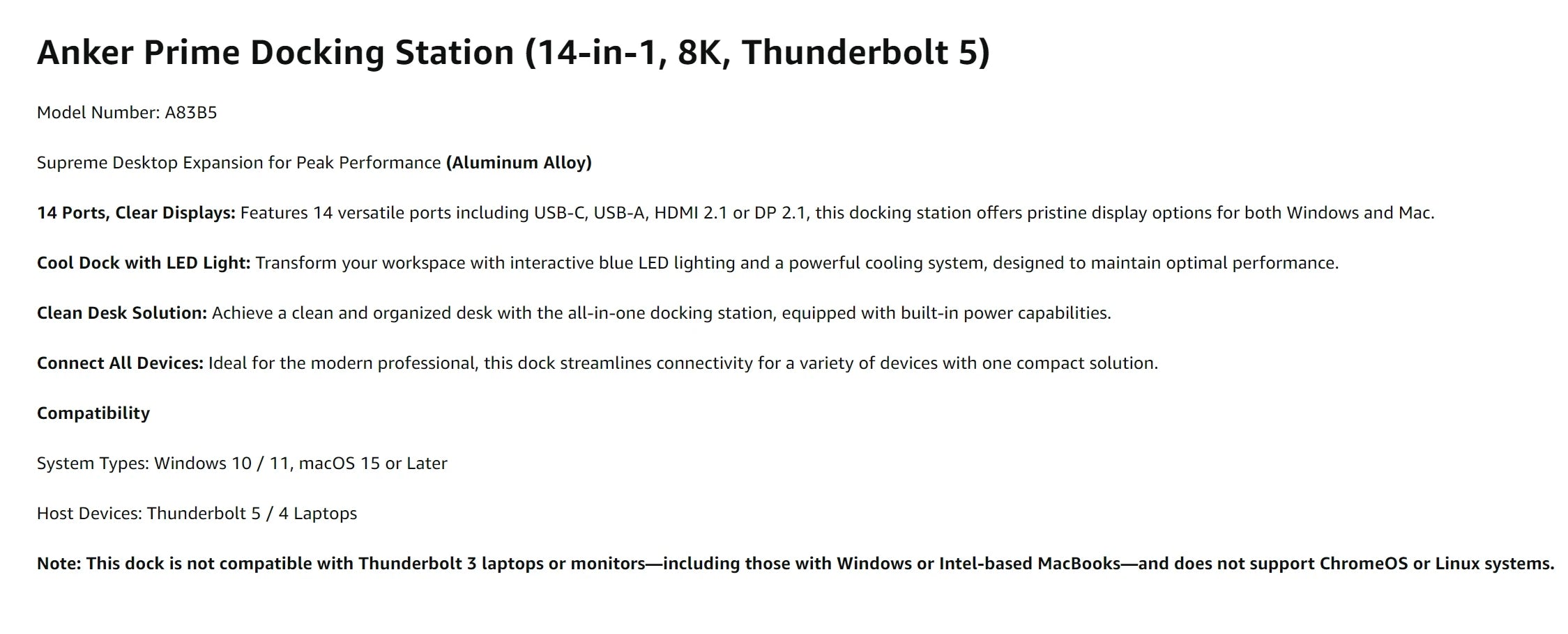 Anker Prime TB5 Docking Station, 14 Ports 140W Charging, 120Gbps Max Transfer, Up To 8K Display For Thunderbolt 5/4 Laptops