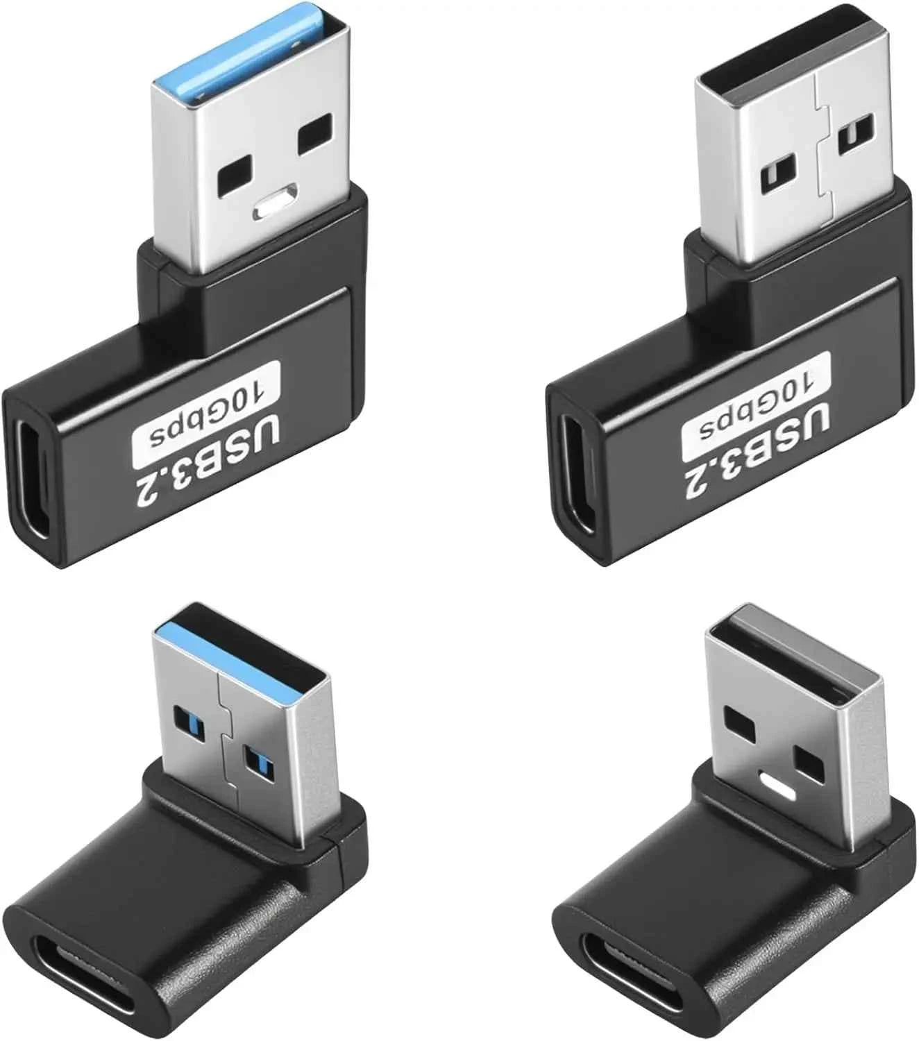 90 Degree USB to USB C Adapter (4 Pack), Up and Down Angle, Left and Right Angle A Male to Type C Female Extender Connector