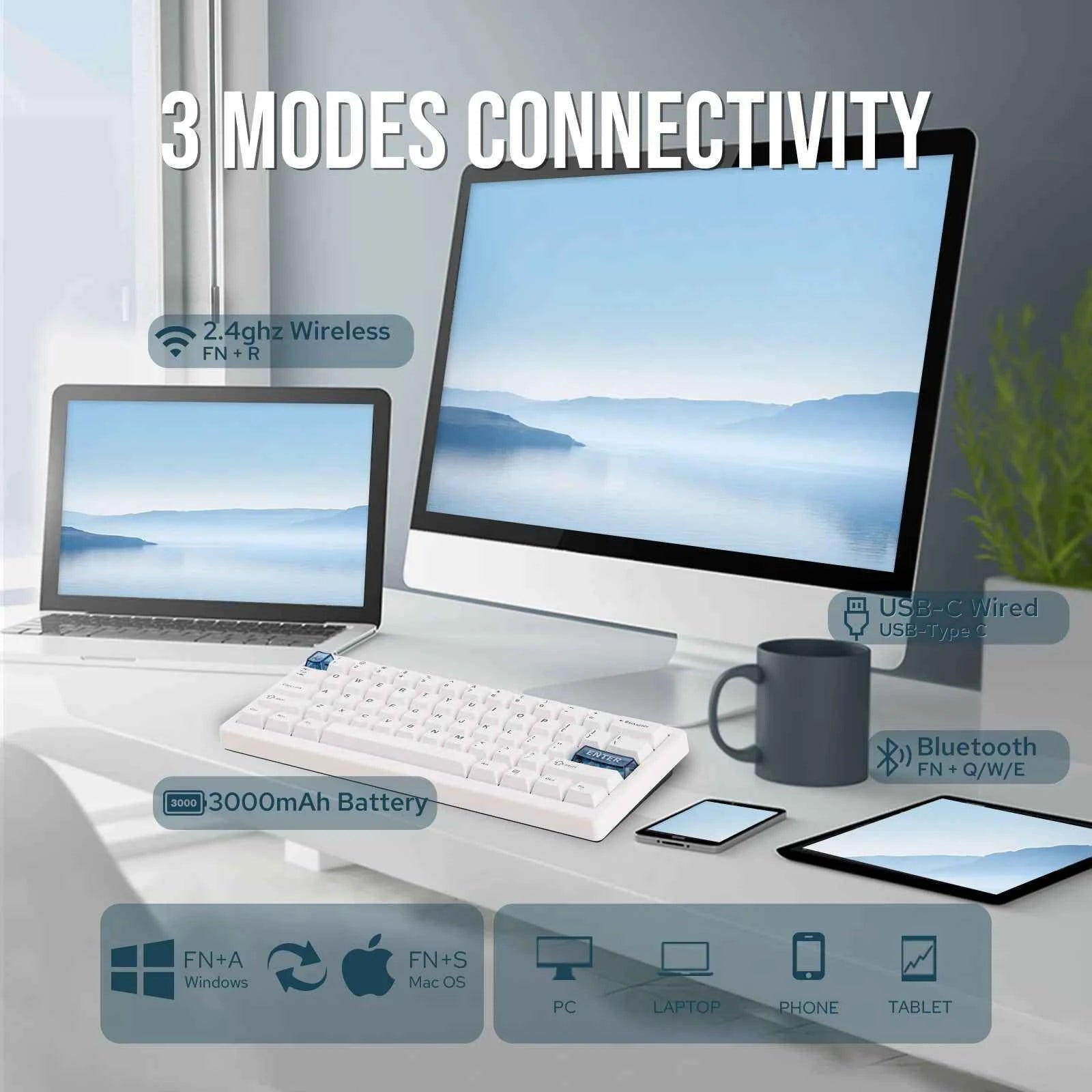 CIDOO QK61 V2 VIA-Programmable 60% Gasket Structure Wired/2.4GHz Wireless/Bluetooth Compact Keyboard with South-Facing LEDs