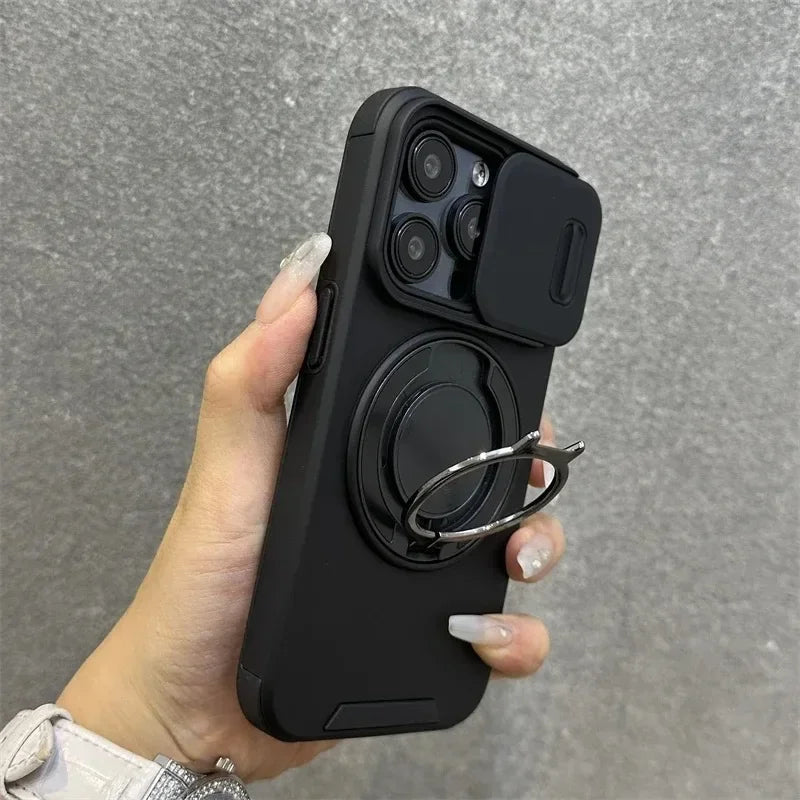 Luxury Heavy-Duty Rugged Armor Magnetic Bracket Case For iPhone 16 15 14 13 12 11 Pro Max Plus Slide Camera Protection PC Cover