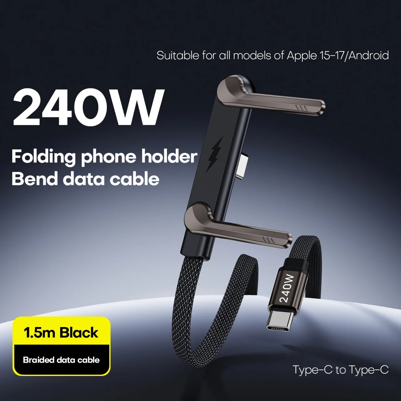 240W PD Fast Charging Type C to Type C Cable USB C to Type C Cable with Foldable Stand Phone Holder For iPhone 15 Xiaomi HUAWEI