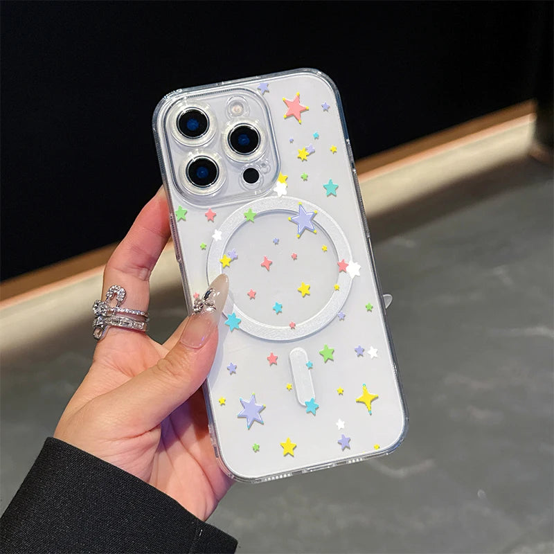 Colored stars,transparent magnet Case For  IPhone 17 promax 17 air 16 15 14 13 12 11 Pro Max 16 15 Plus X XS.Soft TPU,shockproof