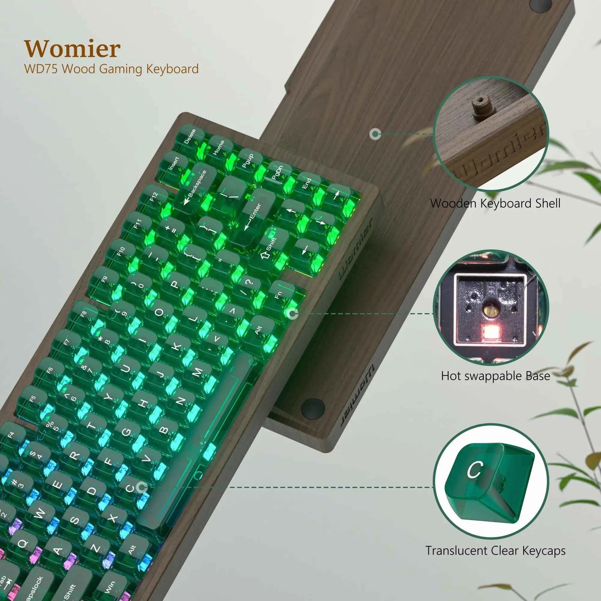 Womier WD75 QMK/VIA Wooden Gaming Keyboard 8000mAh Tri-Mode Wireless Mechanical Custom RGB Hot Swappable Keyboard