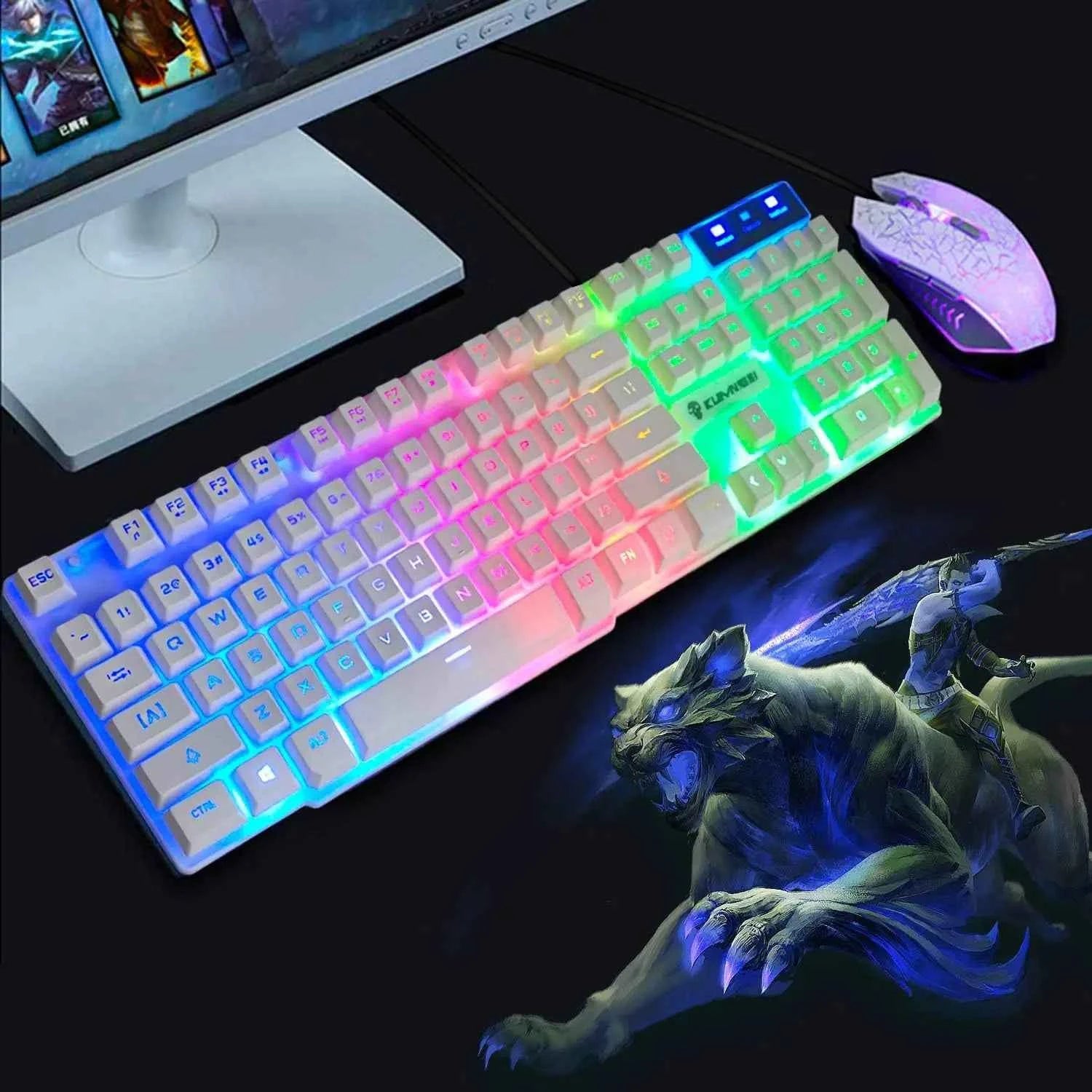 US Layout Gaming Keyboard and Mouse Set Ergonomic Rainbow Backlit Rainbow + 2400DPI 6 Button Mouse Rainbow LED + Mouse Pad