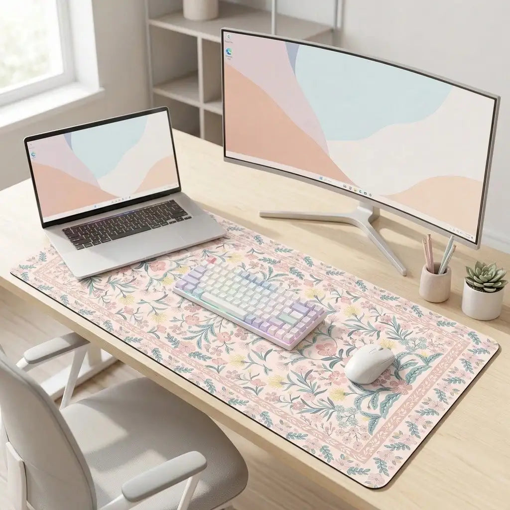 Pink Floral Pattern Desk Mat, Non-Slip Rubber Base, Can Be Used As Mouse Pad, Desk Protector, Study Mat, Keyboard Pad, Multiple Sizes Available, Ideal Gift For