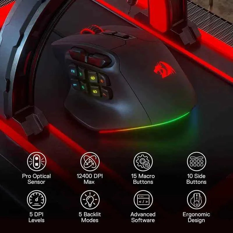 Redragon M811 Aatrox MMO Gaming Mouse, 15 Programmable Buttons Wired RGB Gamer Mouse w/ Ergonomic Natural Grip Build