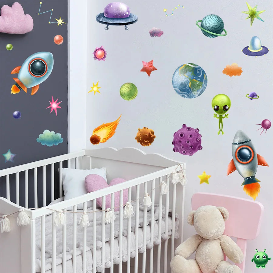 Cartoon Spaceship Planet Alien Space Star Luminous Sticker Glow In The Dark For Children's Room Fluorescent Decals Room Decor