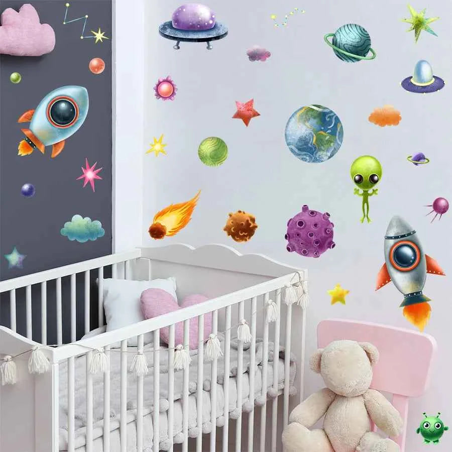 Cartoon Spaceship Planet Alien Space Star Luminous Sticker Glow In The Dark For Children's Room Fluorescent Decals Room Decor
