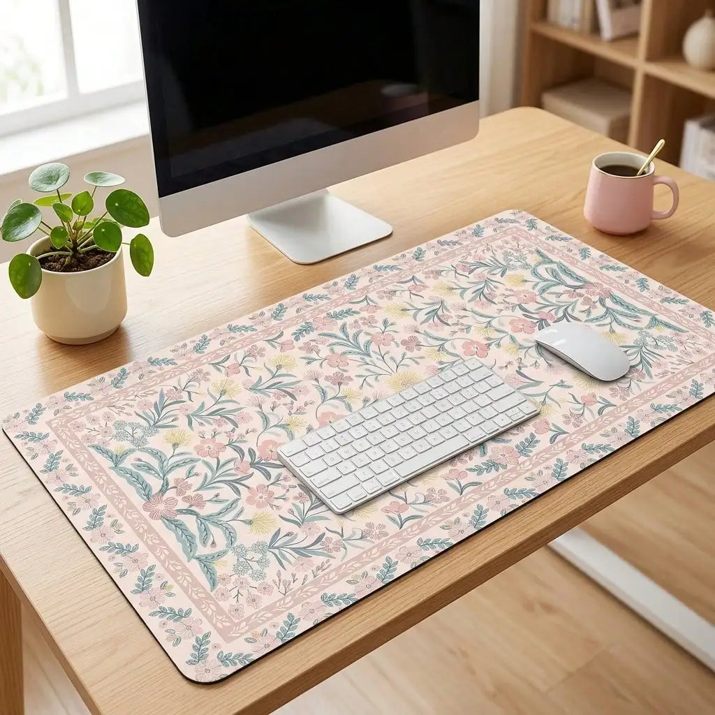 Pink Floral Pattern Desk Mat, Non-Slip Rubber Base, Can Be Used As Mouse Pad, Desk Protector, Study Mat, Keyboard Pad, Multiple Sizes Available, Ideal Gift For