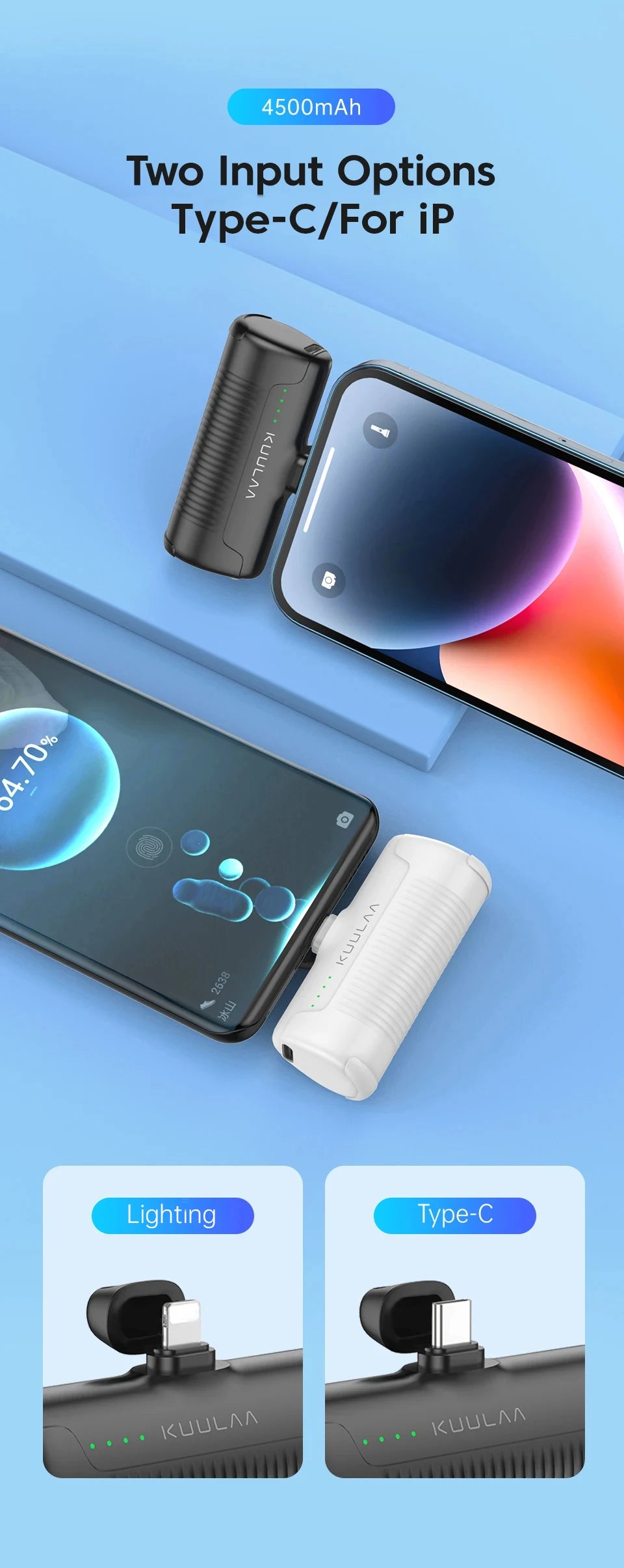 KUULAA Mini Power Bank 4500mAh - Portable Charger for iPhone17 16 15 14 13 Pro Max & Samsung/Xiaomi - External Battery PowerBank