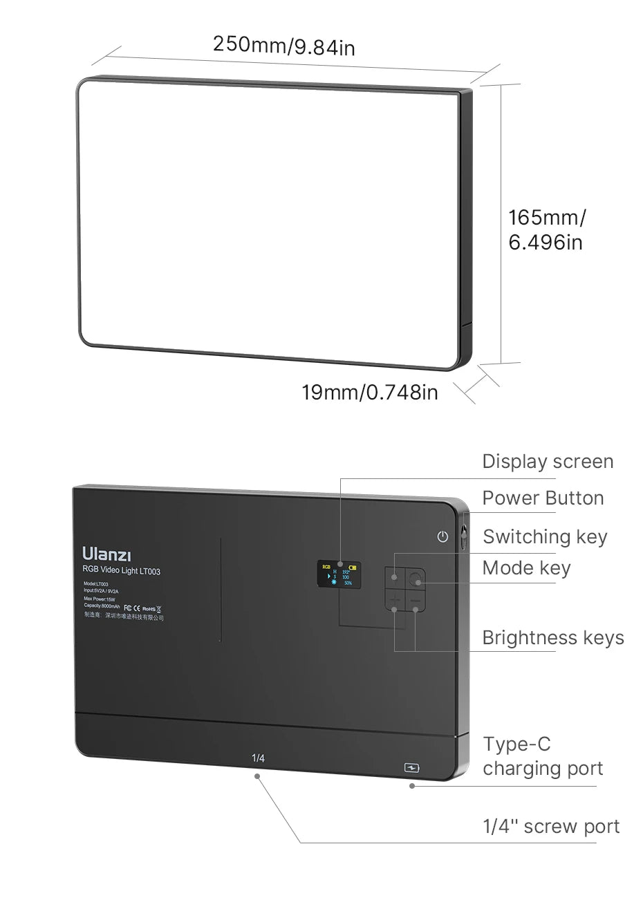 Ulanzi LT003 LED Video Light RGB Panel Light 2500-9000K CRI 95+ 8000mAh Fill Light for Live-streaming Video Tiktok Youtube