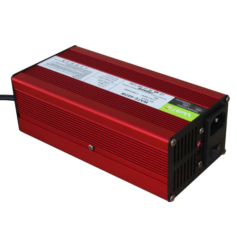 54.6V 8A Charger 13s 48V Lithium ion Battery Charger Output With Cooling Fan Red Aluminum Shell