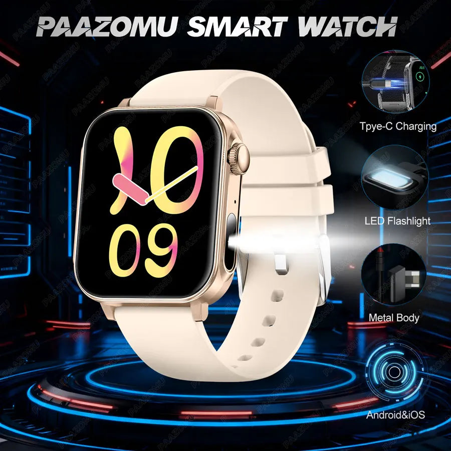 2025 New Smart Watch Men Women Type-C Charging Heart Rate LED Flashlight Bluetooth Call IP68 Waterproof SmartWatch for Android