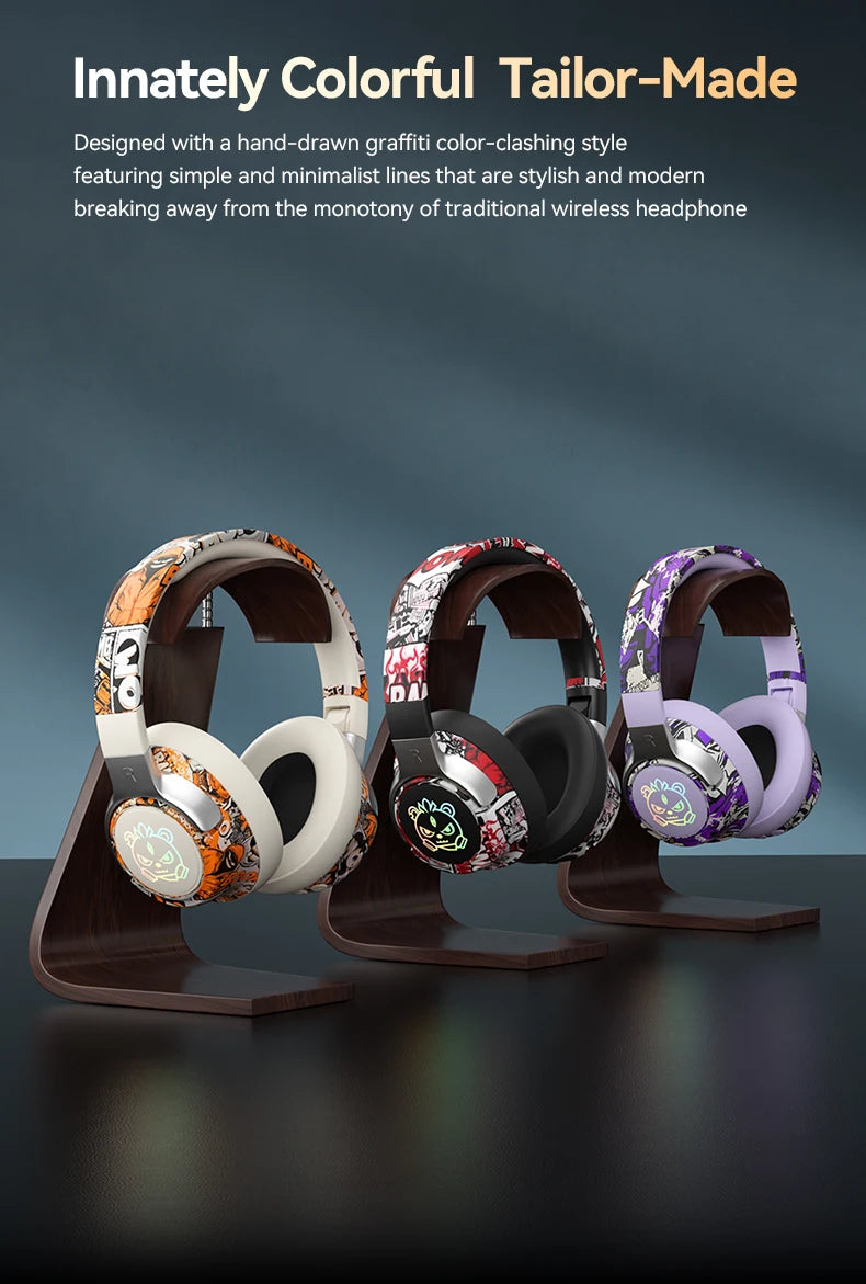 SY-T12 Graffiti LED Light Up Wireless Headphones Over Ear Foldable 3D Earpads Bluetooth 5.4 Headset For Gaming Sports