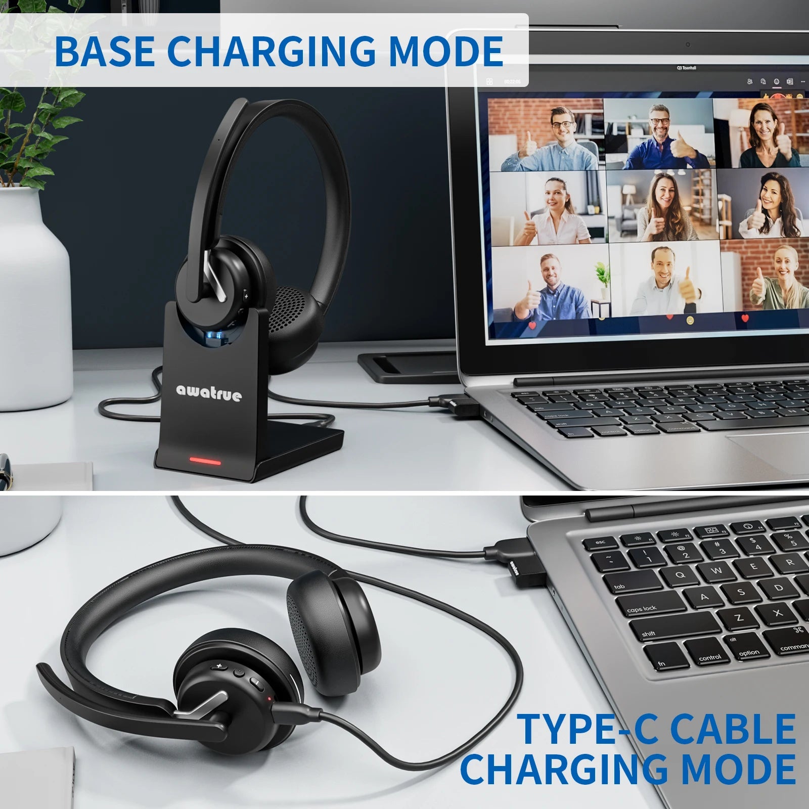 AWATRUE EH11 Wireless Bluetooth Headset with AI Noise Cancelling Mic & Charging Base 2.4GHz Wireless Headphone with USB Dongle
