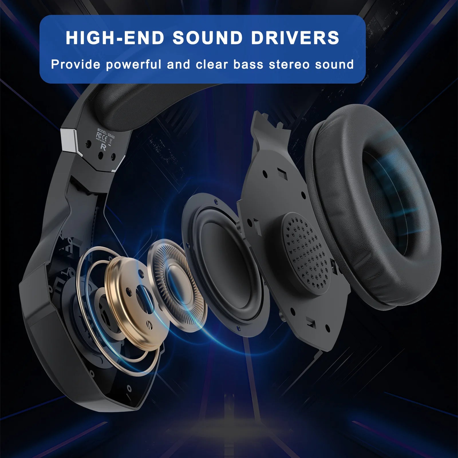 GS450 Head Mounted Esports Earphones, 50mm jack adjustable headband to adapt to different head circumferences, noise cancelling microphone for virtual surround sound, compatible with PC/PS5/Switch/mobile phone for esports, li