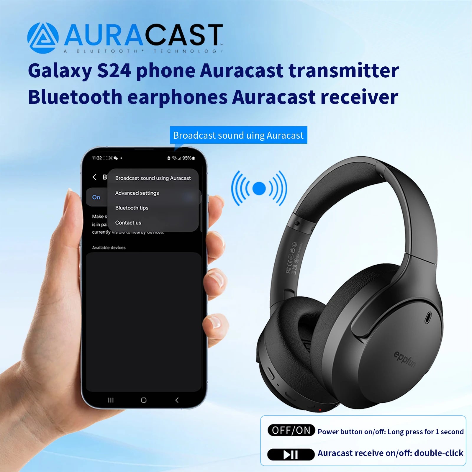 eppfun LE Audio Over Ear Bluetooth 5.4 Headphones with mic,Aptx Lossless/LC3/Auracast Headset for Music Gaming TV Watching