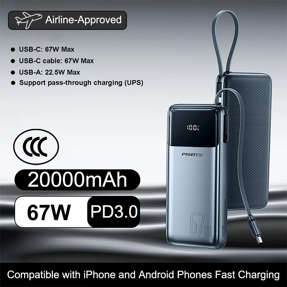 PISEN 20000mAh 67W Power Bank With Fast Charging Cable CCC External Battery For 65W Laptops/ 45W Samsung Phones/ iPhone & iPad