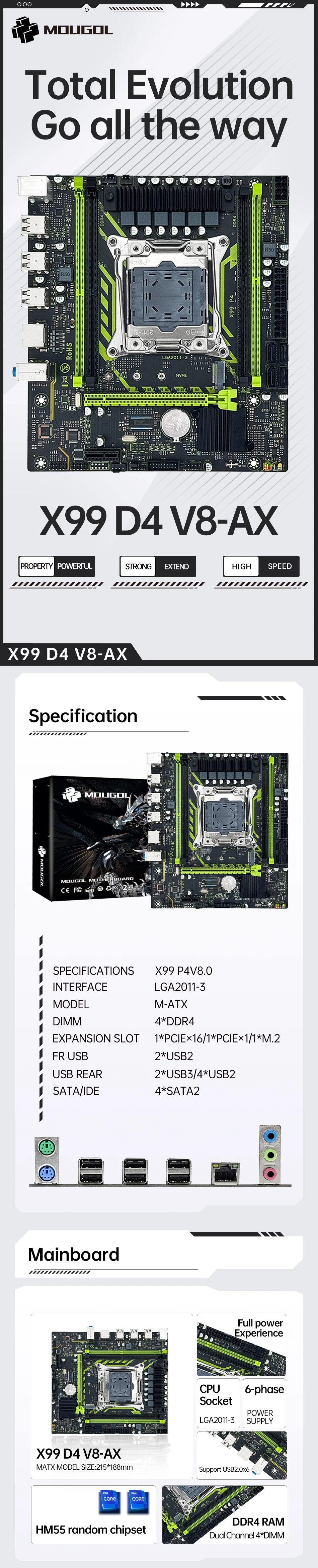 MOUGOL X99 Gaming Motherboard Set with Intel Xeon E5 2650 V4 & DDR4 16G*1 2133MHz Dual Channel RAM M.2 NVME for Desktop Host