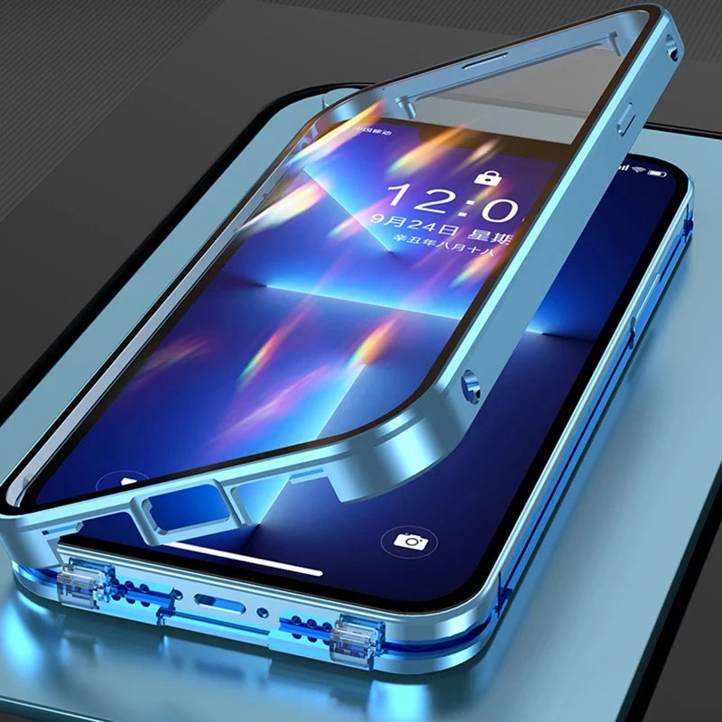 360°Full Protected Metal Magnetic Double-Sided Glass Snap Lock Phone Case For iPhone 16 Pro Max 14 13 12 15 Pro Max Bumper Cover