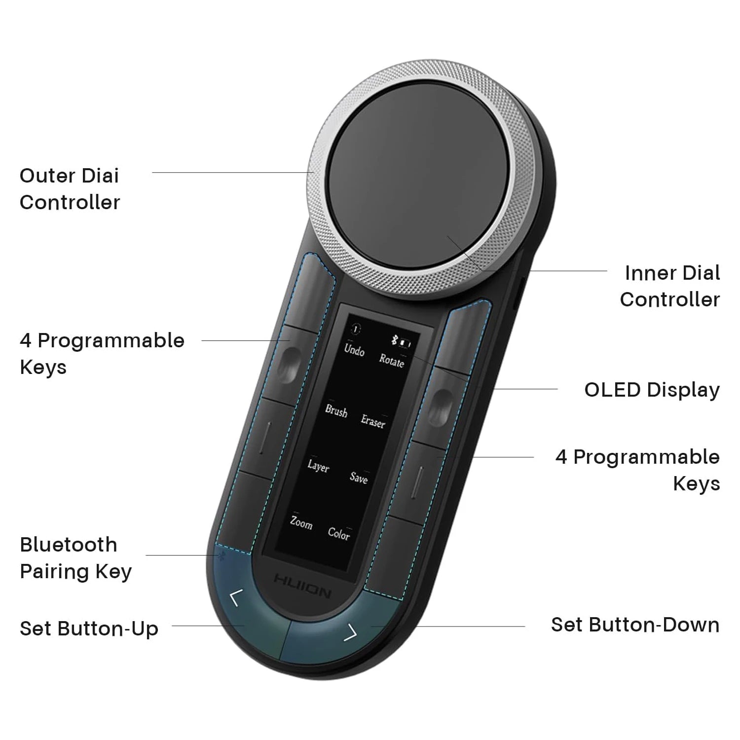 Huion Mini Keyboard Keydial Remote K40 with Dual-channel Bluetooth Wireless Dual-dial Controller 8 Programmable Keys OLED Screen