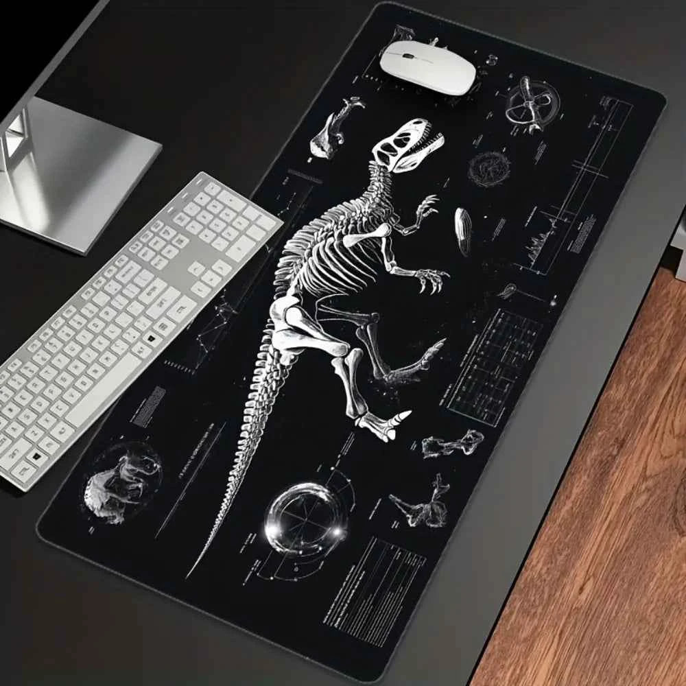 XXL Dinosaur Skeleton Gaming Desk Mat - Black and White Tech Style Extended Pad, Non-Slip Rubber PC Mat