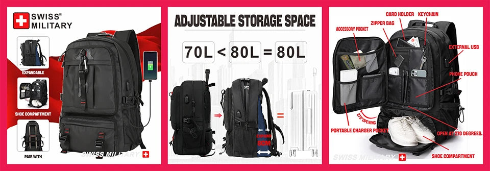 SWISS MILITARY Men's Travel Backpack Multifunctional Waterproof Laptop Bag Outdoors Climbing Luggage Bag Sport Backpack Mochila