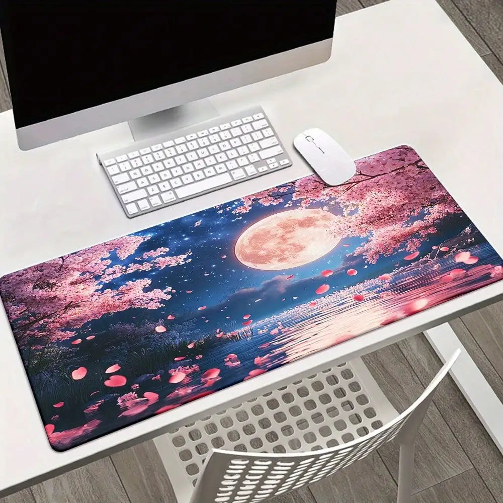 1pc Moon Sakura Japanese Landscape HD Printed Pad For Desk, Multi Functional XXL Mousepad, Keyboard Gaming Mouse Mats, Office Computer PC Gamer Desk Mat.Gifts