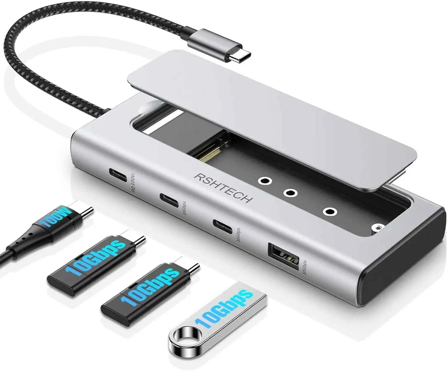 RSHTECH M.2 NVMe/SATA SSD Enclosure 5-in-1 Aluminum 10Gbps USB C Hub with 3 USB 3.2 Data Ports 100W Power Delivery and M2 SSD Docking Station External USB-C to M.2 Caddy for Laptops MacBook