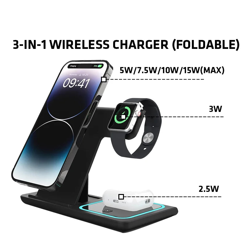 3-In-1 Foldable Wireless Charging Stand 15W/10W/7.5W/5W Multi Device Fast Wireless Charger for Smartphone Smart Watch Earphones