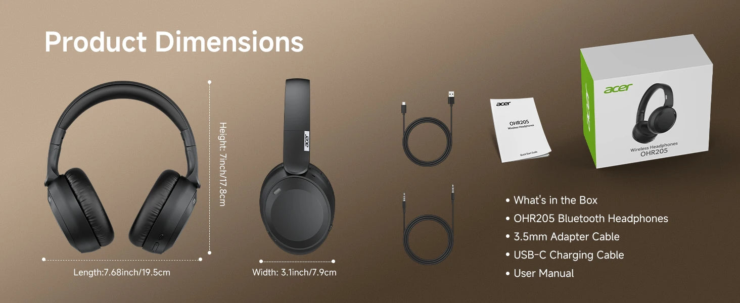 Acer OHR205 Wireless Bluetooth 6.0 Headphones Foldable Over-Ear Headphones Memory Foam Earpads Multipoint for Travel,Home,Office
