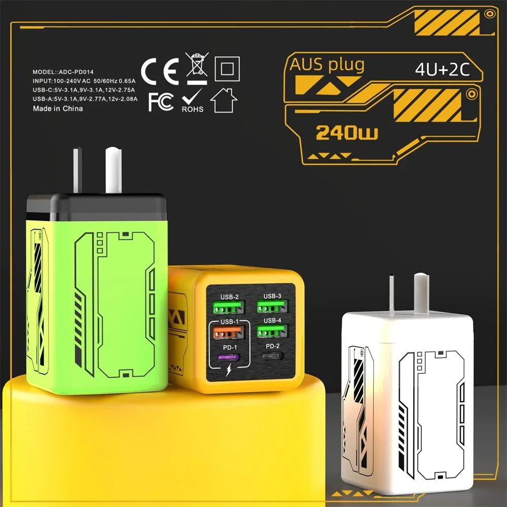 240W 6 Ports USB Charger PD Fast Charging Charger Wall Adapter for iPhone Samsung Xiaomi EU/US/UK Plug Charger Quick Charge 3.0