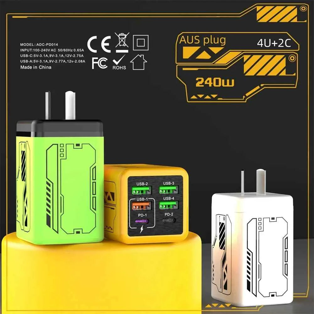 240W 6 Ports USB Charger PD Fast Charging Charger Wall Adapter for iPhone Samsung Xiaomi EU/US/UK Plug Charger Quick Charge 3.0