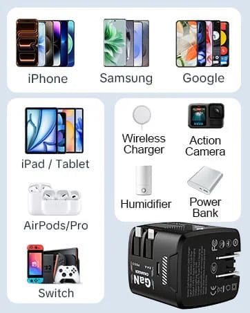 W & O 60W gan Fast Charger for iPhone, Retractable Phone Charger Wall Plug with Type‑C & Compatible Lightning Cables,for iPhone 17/16/15, Galaxy S25/24，Android Devices