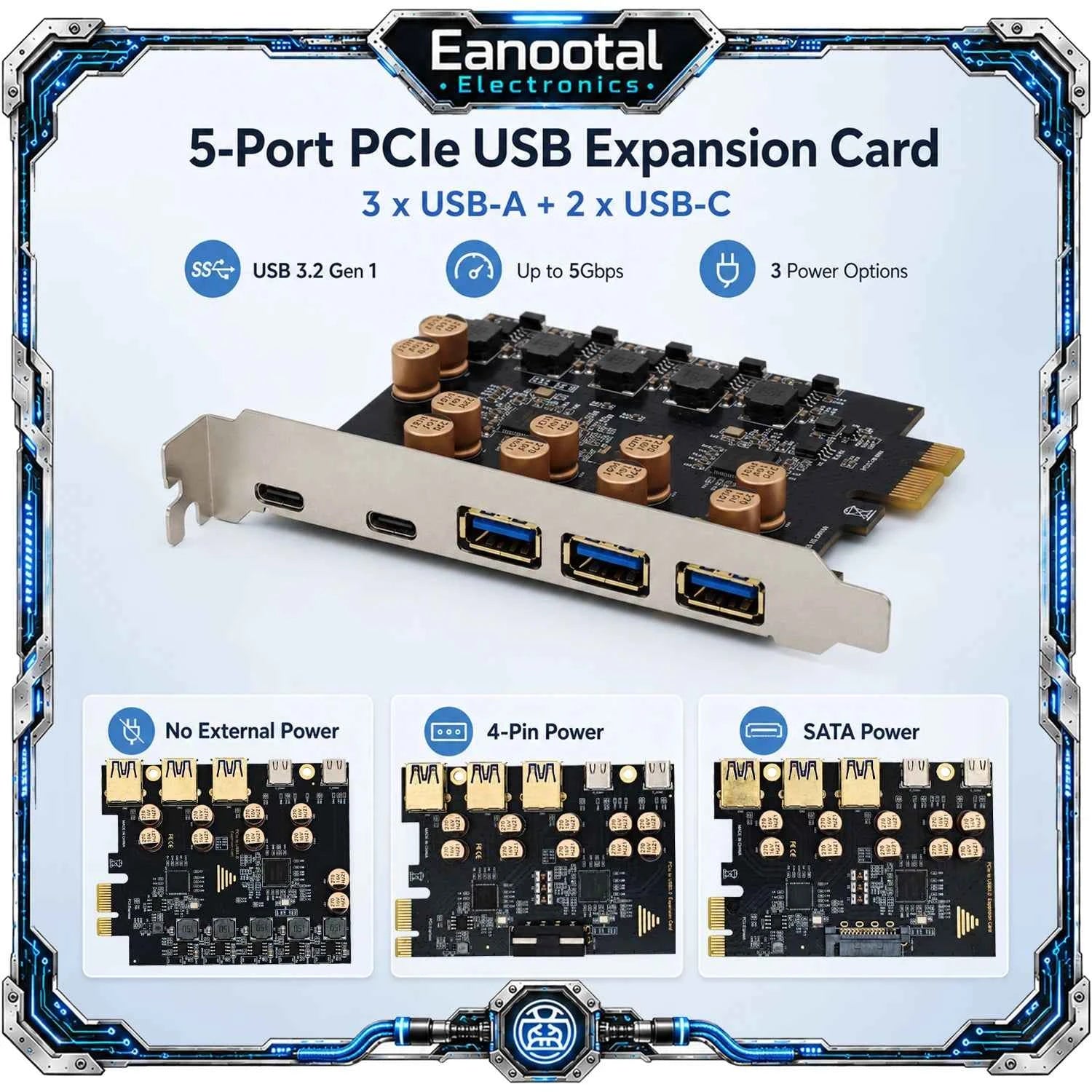 PCIe X1 to 5 Port USB 3.2 Gen 1 Expansion Card 3 USB-A 2 USB-C 5Gbps Adapter for Desktop PC