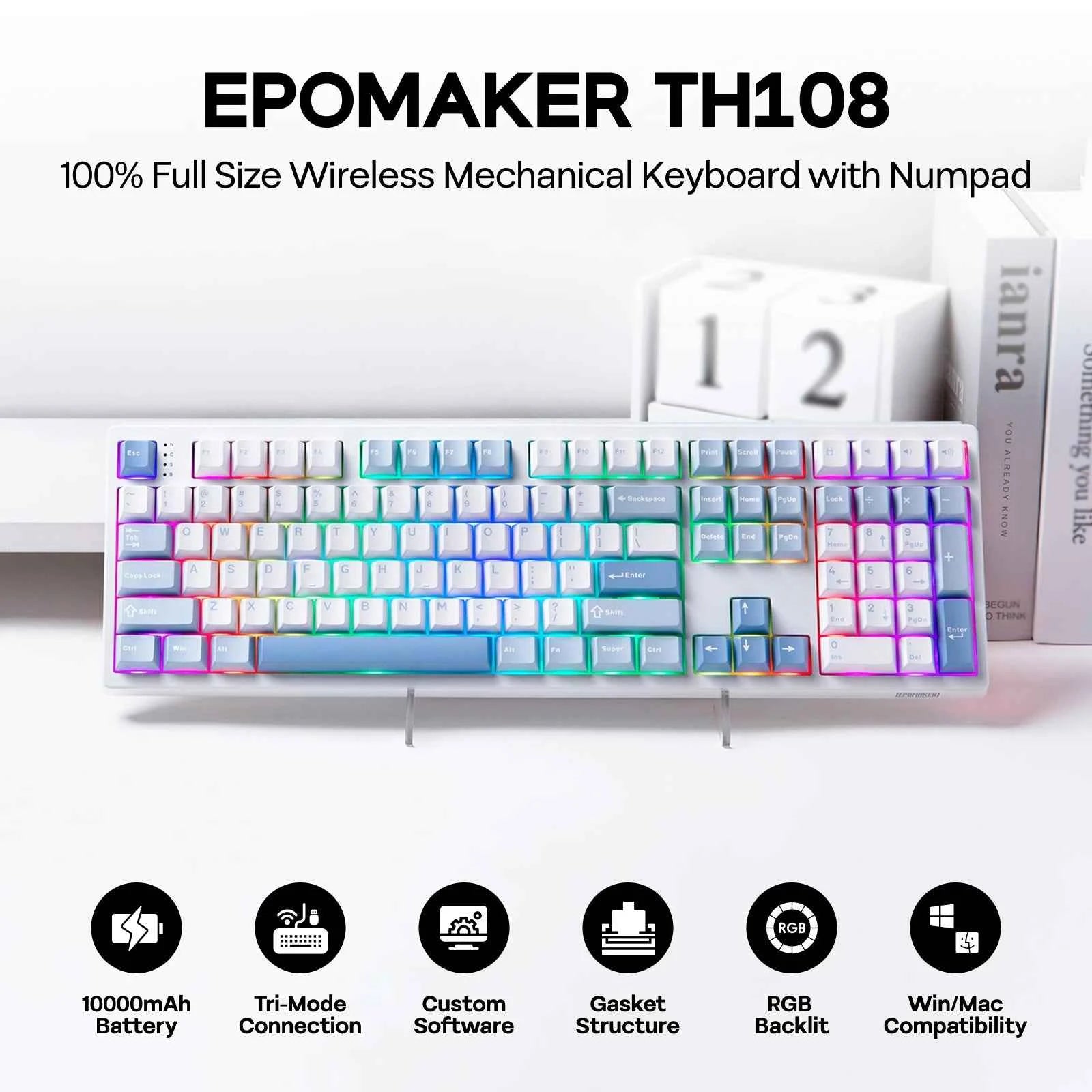 EPOMAKER TH108 100% Full Size Gasket Wired/BT/2.4Ghz Wireless NKRO Mechanical Gaming Keyboard 10000mAh Battery RGB Backlit