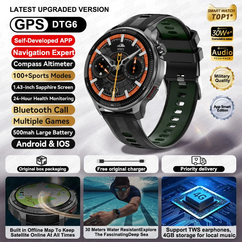 NEW GPS Offline Maps Smart Watch 1.43" AMOLED Military Sports Smartwatch 4GB Memory Video Player 30m Swim Waterproof Bracelet