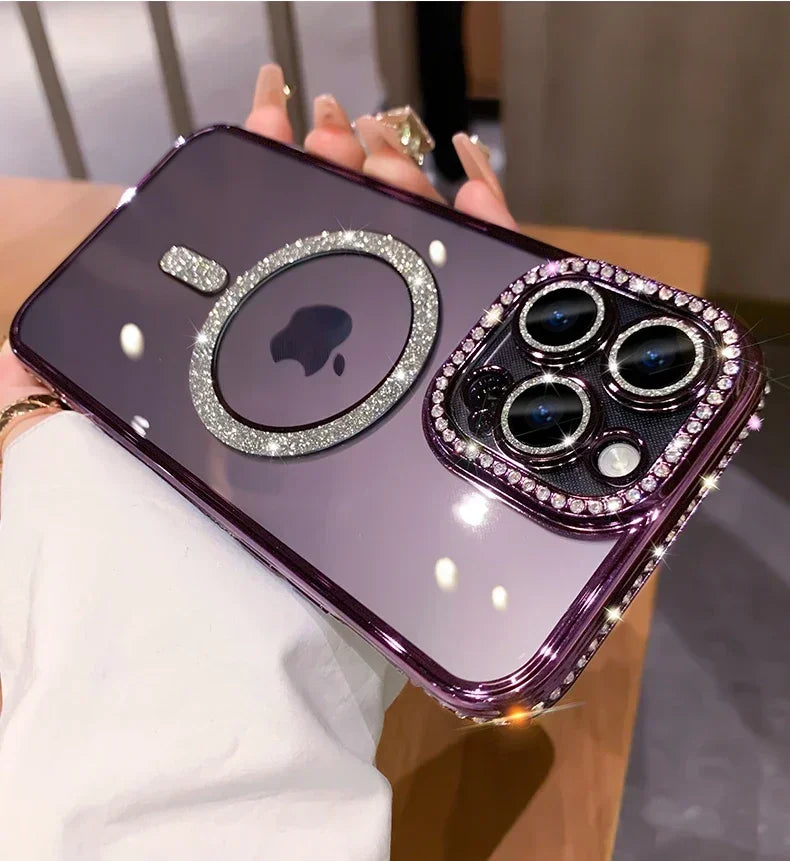 New Fashion Glitter Diamond Transparent Case For iPhone 16 15 14 13 17 12 Pro Max 16 Plus Magnetic Wireless Charge Bumper Cover