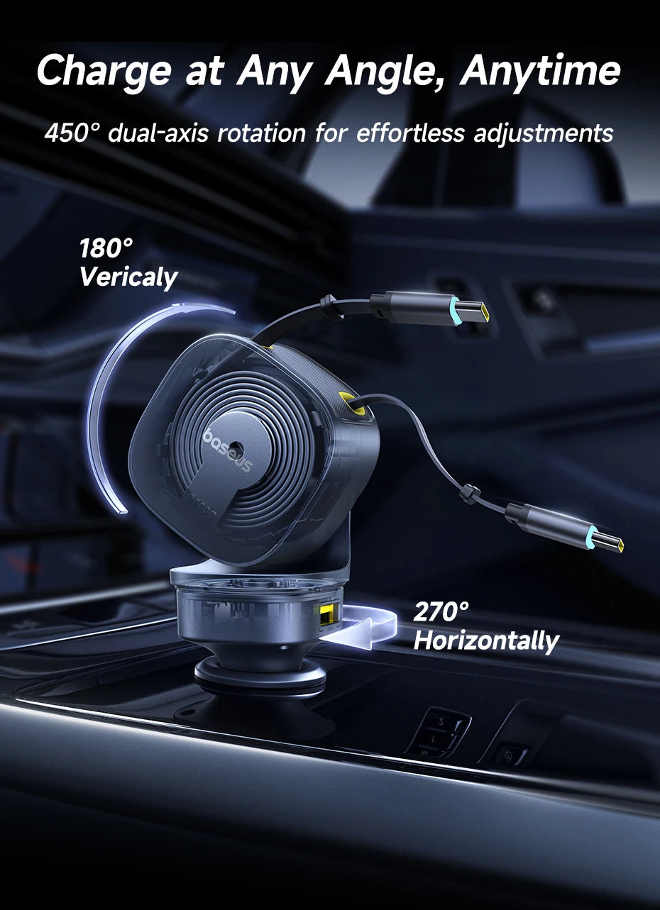 Baseus 240W Car Charger 4 Ports Built in Retractable Cable Fast Charging USB Type-C Car Phone Charger For Samsung iPhone Xiaomi