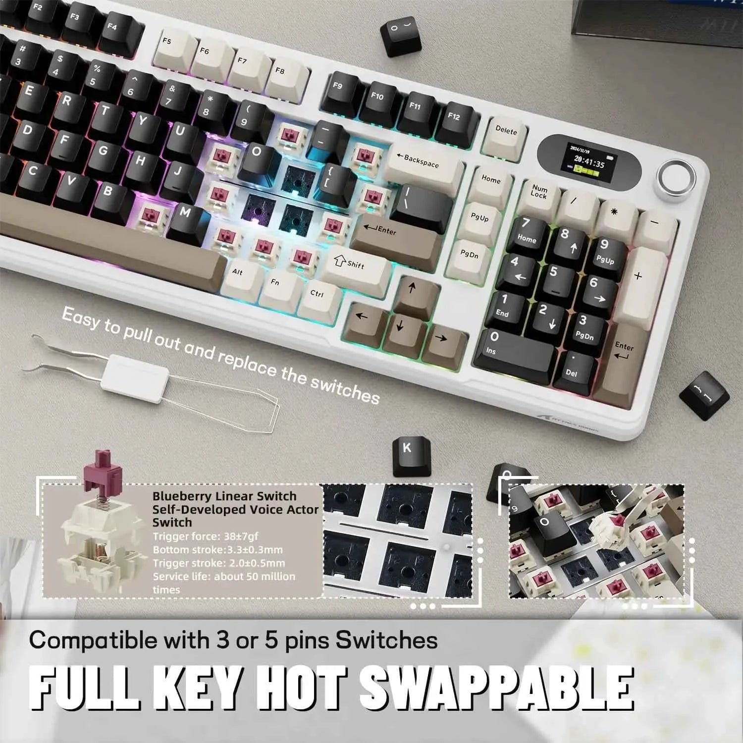 ATTACK SHARK X98Pro Wireless Mechanical Keyboard with Screen & Knob, Tri-mode Gasket Hot Swappable RGB  Keyboard, Web Driver