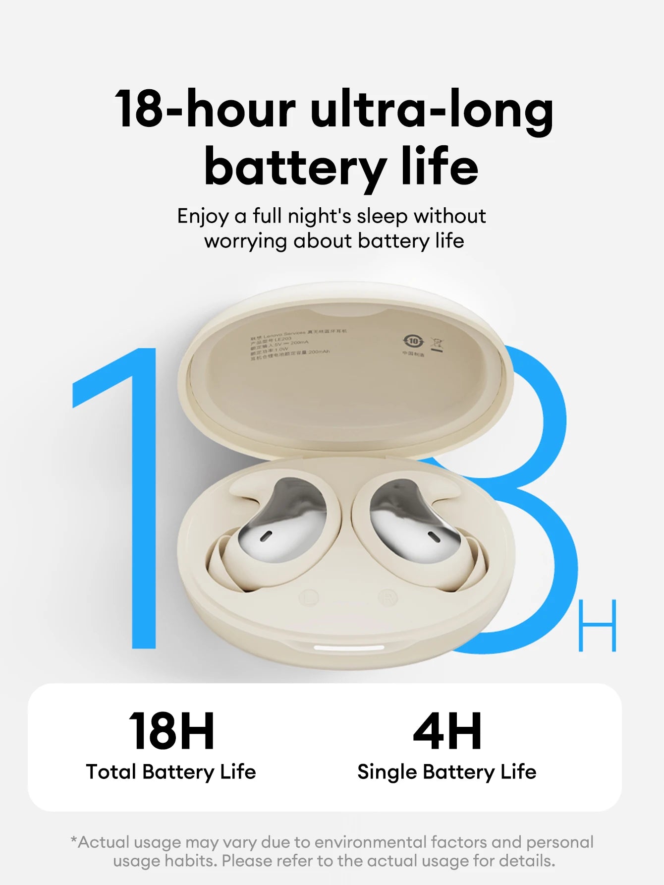 Lenovo LE203 Wireless Bluetooth 6.0 Sleep Headphones Small Lightweight Comfortable In-Ear Earphone Long Battery Life With Mic