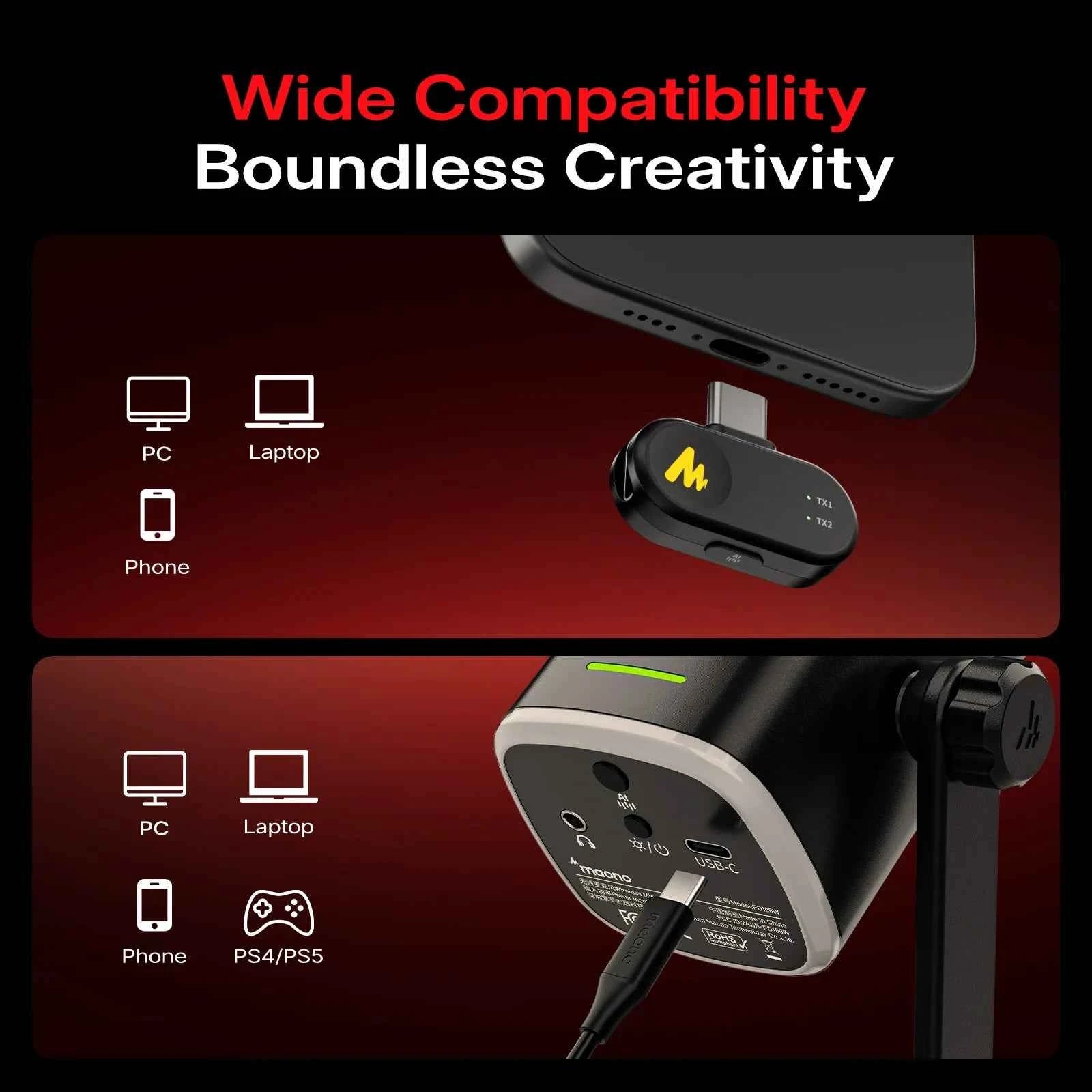 MAONO PD100W Wireless Dynamic Microphone Cardioid Dynamic Mic 50m Range One-Touch Noise Reduction RGB for Gaming Live Streaming