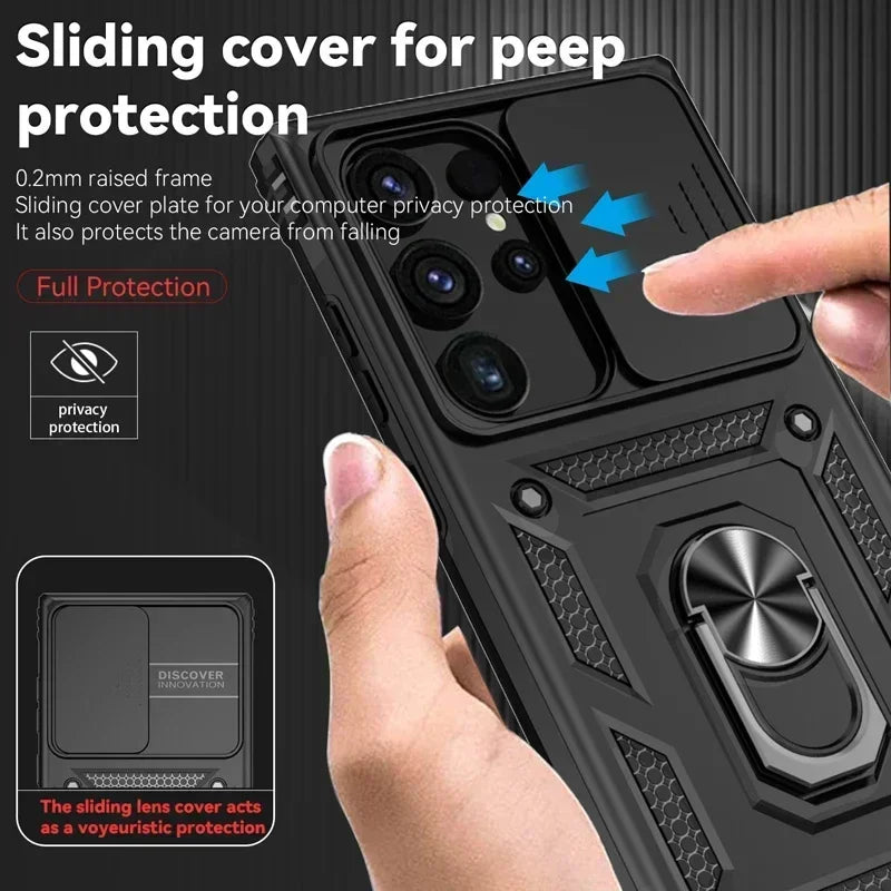 Slide Camera Lens Military Grade Armor Case For Samsung Galaxy S25 Ultra Plus S24FE A16 A06 A26 A36 A56 Holder Ring Stand 2026