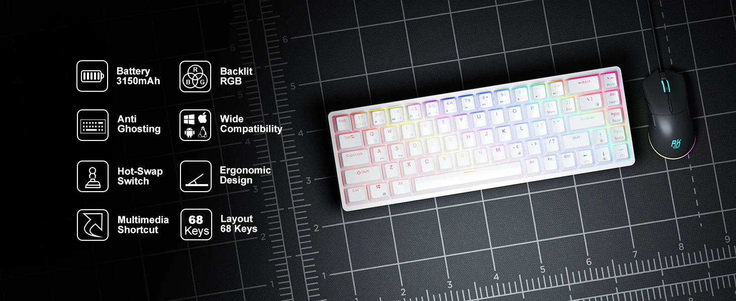 RK Royal Kludge RK837 Mechancial Keyboard 68 Keys 65% Compact 2.4G Wireless Bluetooth Gamer Keyboard RGB Backlight Hot Swappable