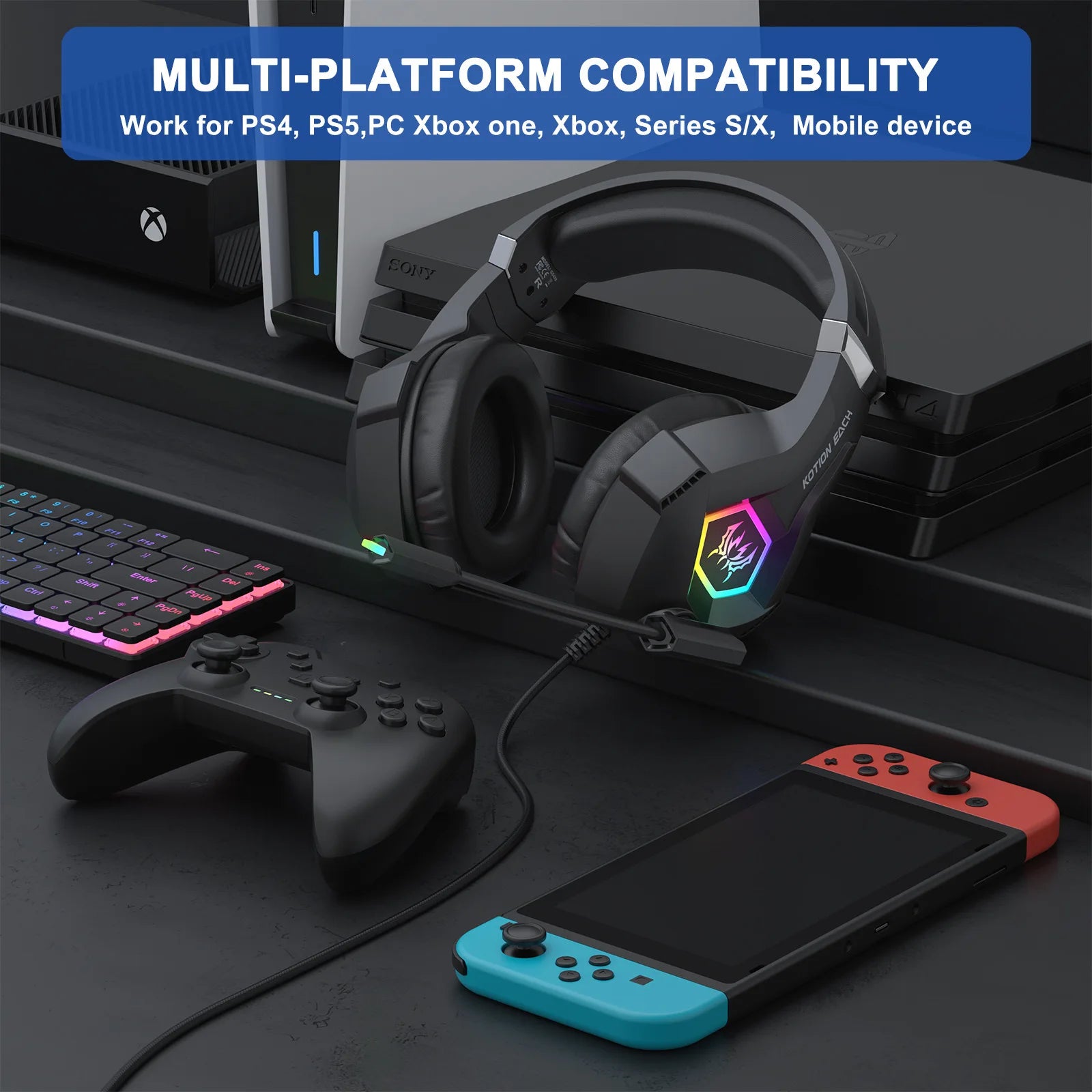 GS450 Head Mounted Esports Earphones, 50mm jack adjustable headband to adapt to different head circumferences, noise cancelling microphone for virtual surround sound, compatible with PC/PS5/Switch/mobile phone for esports, li
