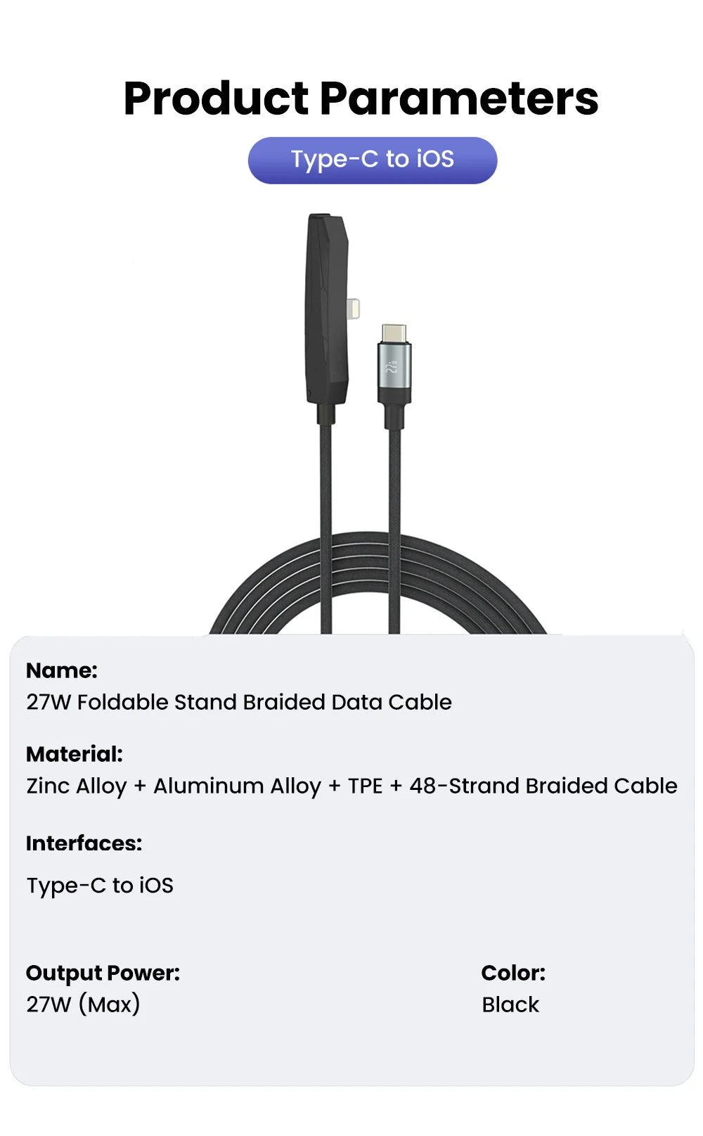 27W Lightning Fast Charging Cable PD Type-C to IOS Data Wire With Foldable Stand For iPhone 14 13 12 11 Lightning Charging Line
